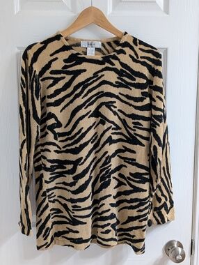 Women's Vintage KITKIT Zebra Print Sweater Medium Like New Chenille Tan Black